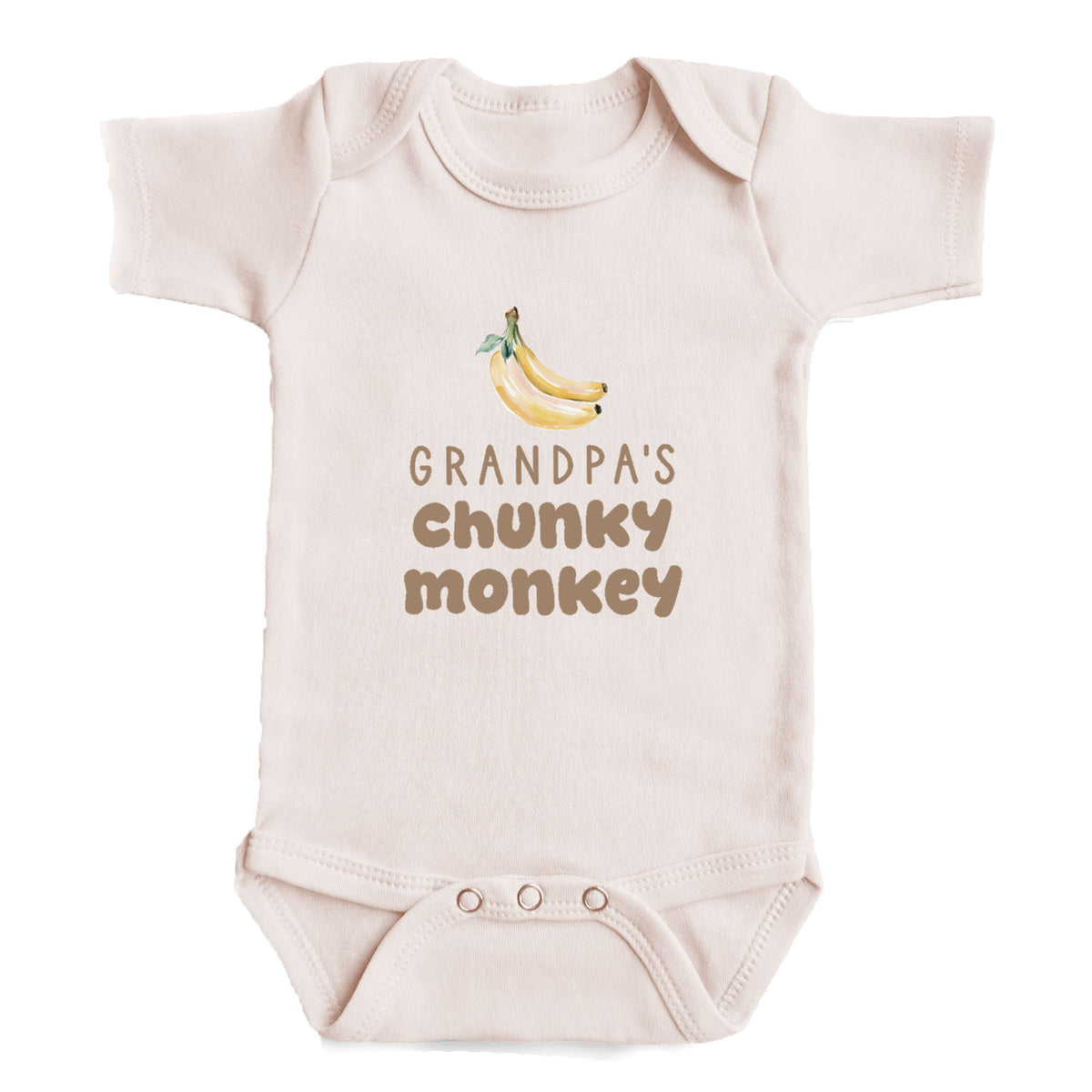 A baby onesie with a printed design of bananas and the text "GRANDPA'S CHUNKY MONKEY" printed on it.