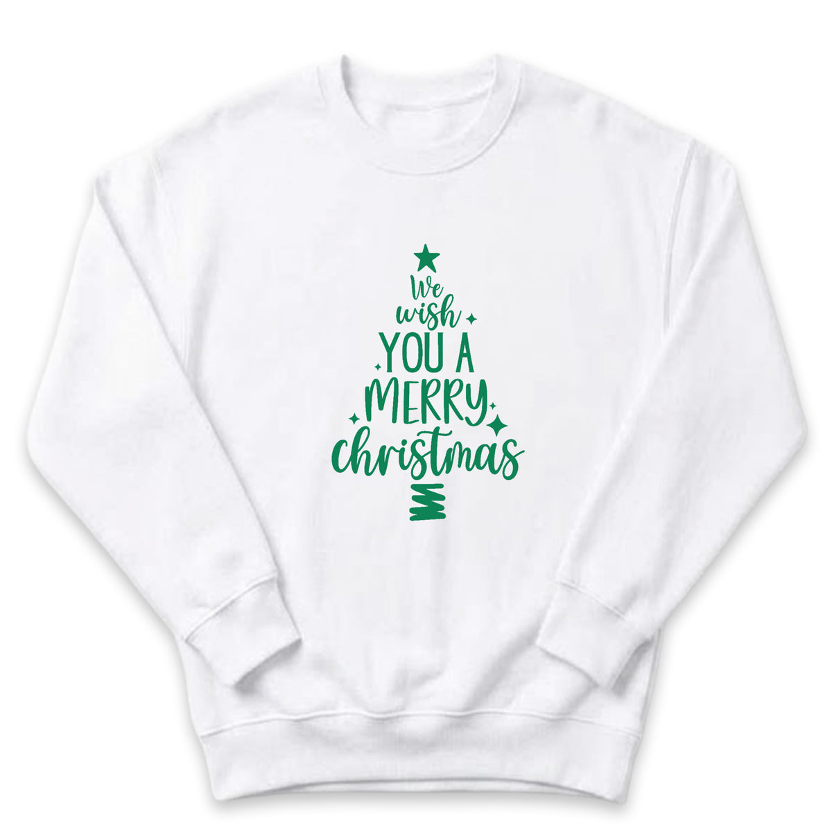 A white sweatshirt with a green Christmas tree design and text printed on it.