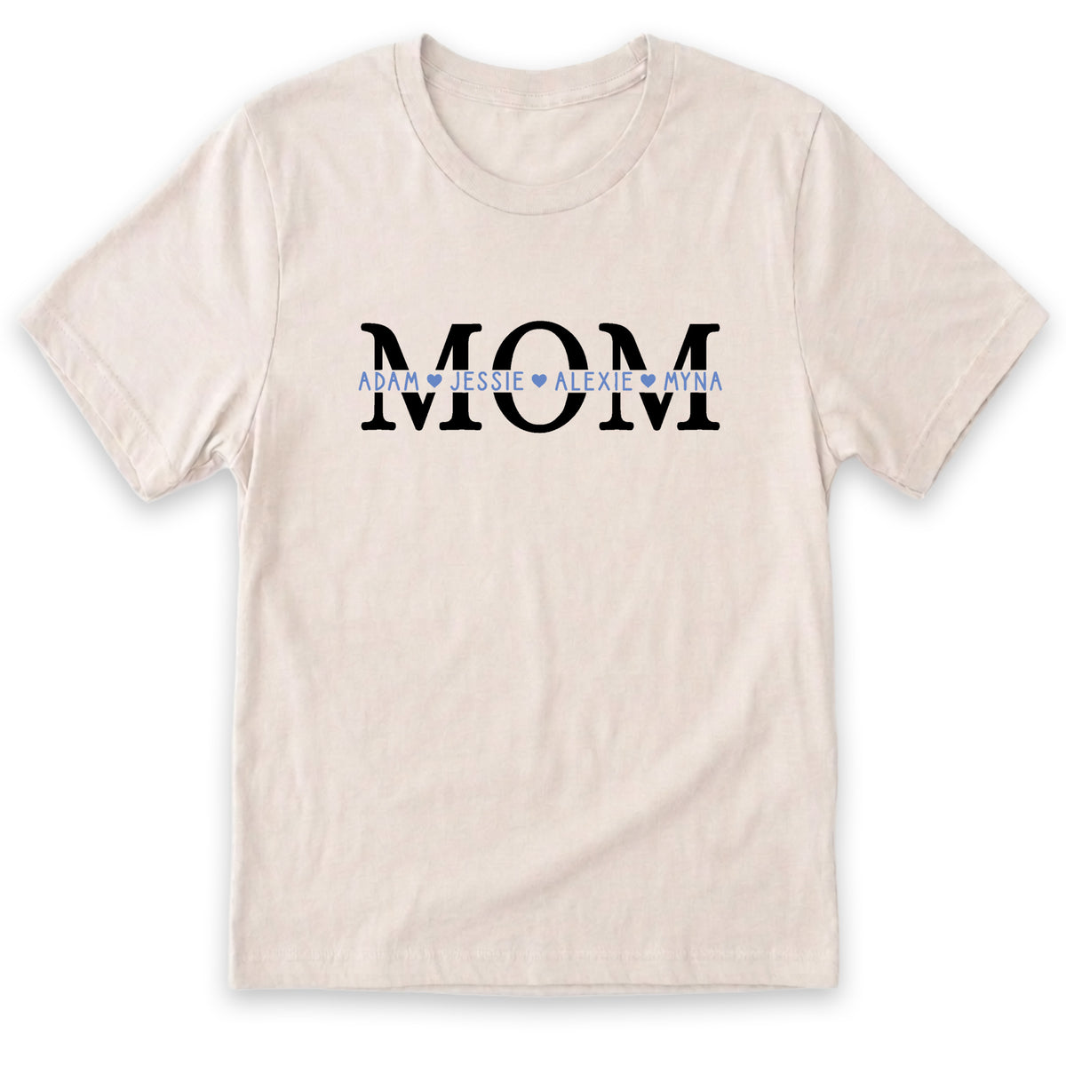 A white t-shirt with the text "MOM" printed on it in a bold, black font.