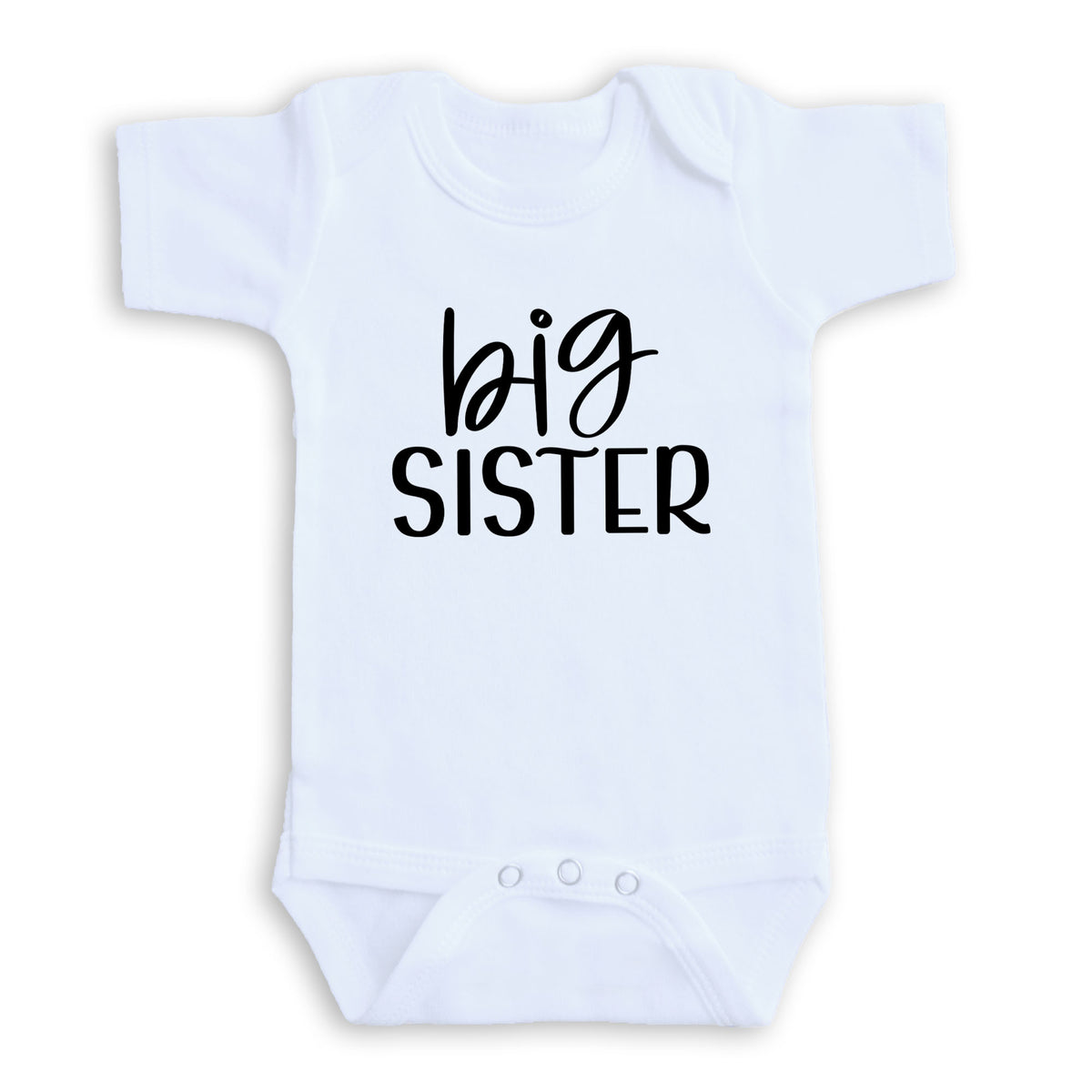A white baby onesie with the text "big sister" printed on it.