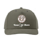 A gray baseball cap with a logo and text on it.