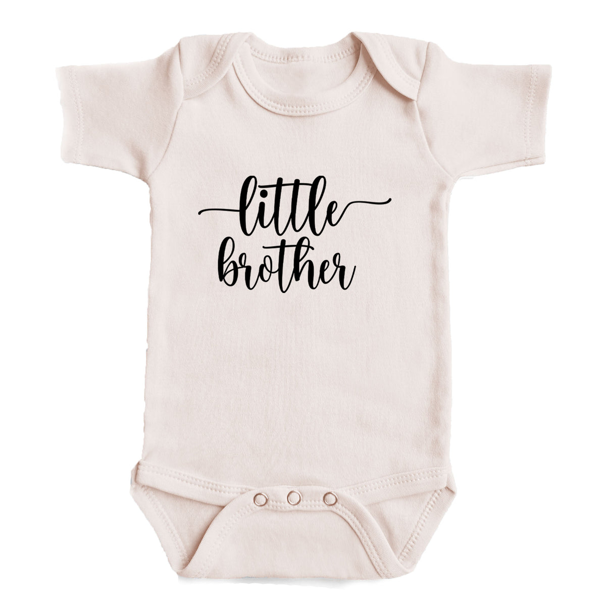 A baby onesie with the text "little brother" printed on it.