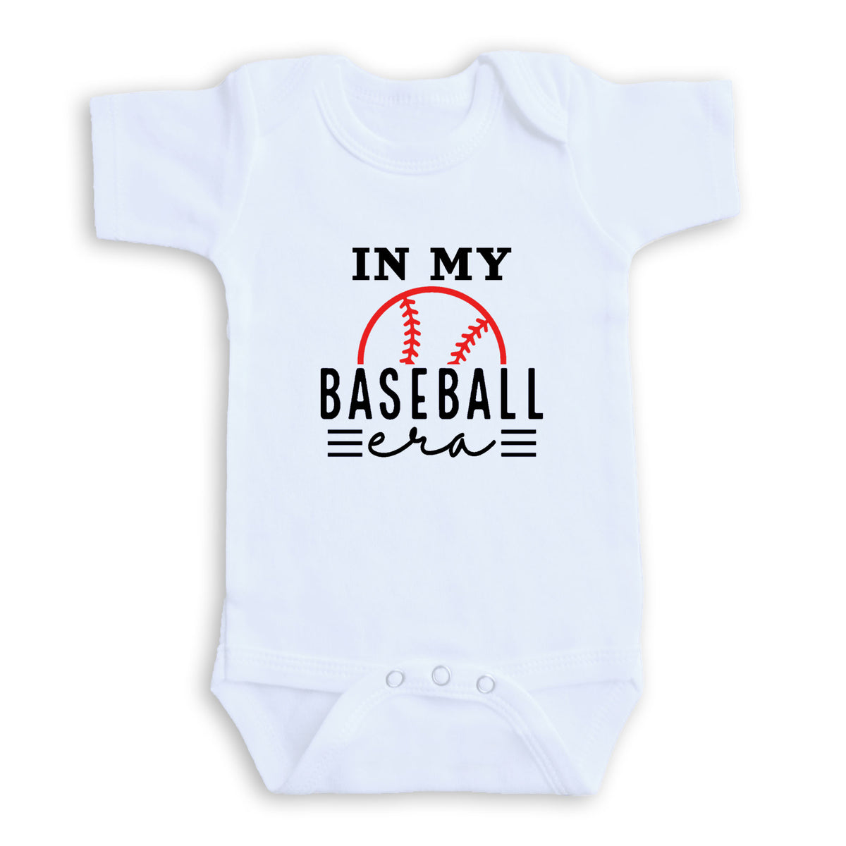 A white baby onesie with the text "IN MY BASEBALL ERA" printed on it.