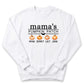 A white sweatshirt with a graphic design featuring three pumpkins and the text "mama's PUMPKIN PATCH" along with the names "Myna, Lucy, John".