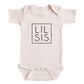 A baby onesie with the text "LIL SIS" printed on it.