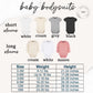 a collection of baby bodysuits in various colors and sizes, along with corresponding measurements and descriptions.