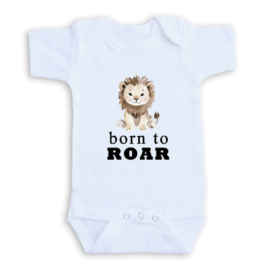 A white baby onesie with a cartoon lion and the text "born to Roar" printed on it.