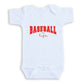 A white baby onesie with the text "BASEBALL life" printed on it in red letters.