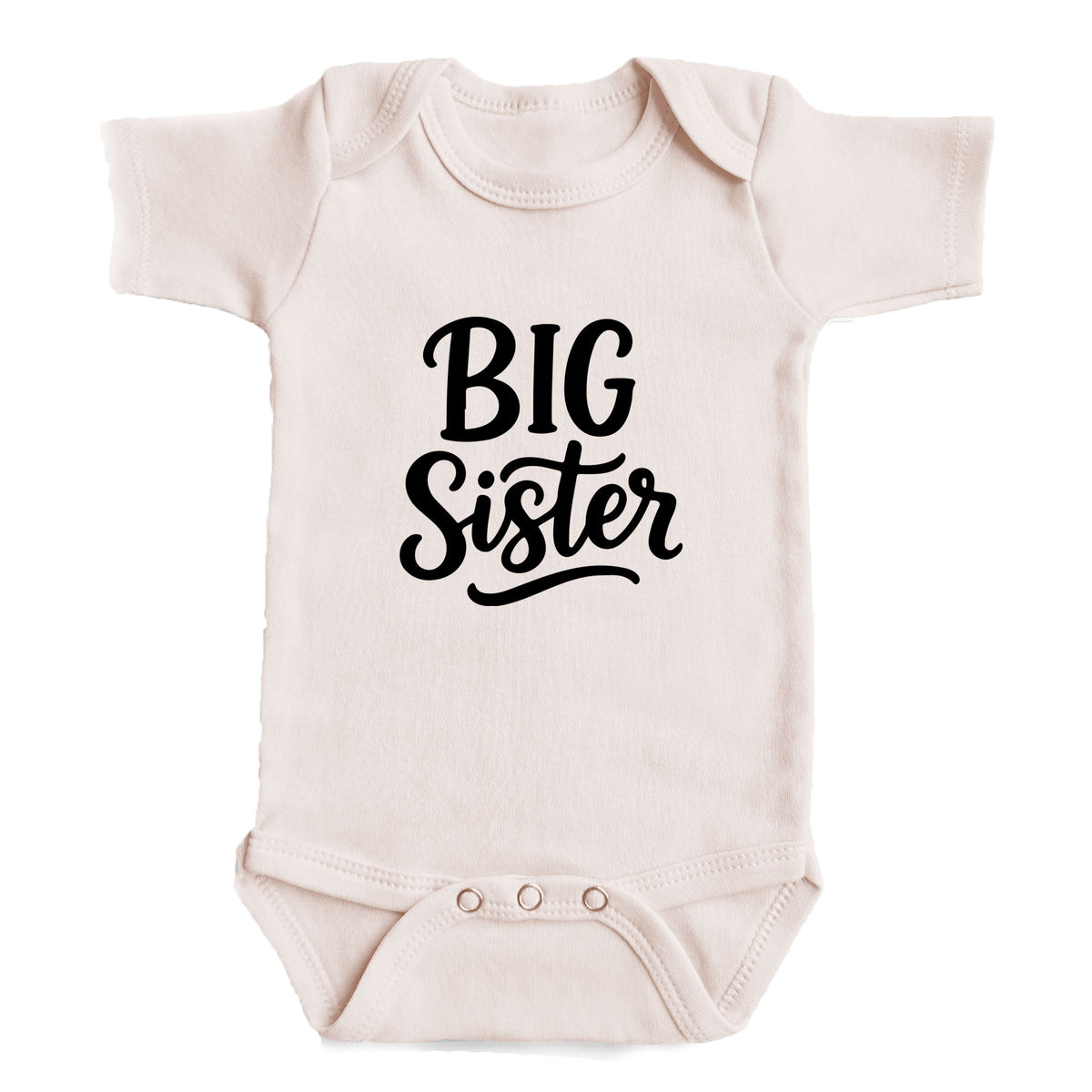 A baby onesie with the text "BIG Sister" printed on it.