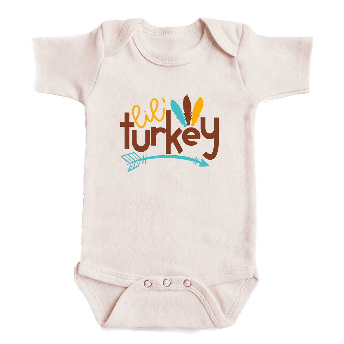 A baby onesie with the text "Lil' turkey" printed on it.