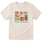 A white t-shirt with a graphic design featuring a collage of colorful gift boxes with bows, accompanied by the text "merry christmas" in green.