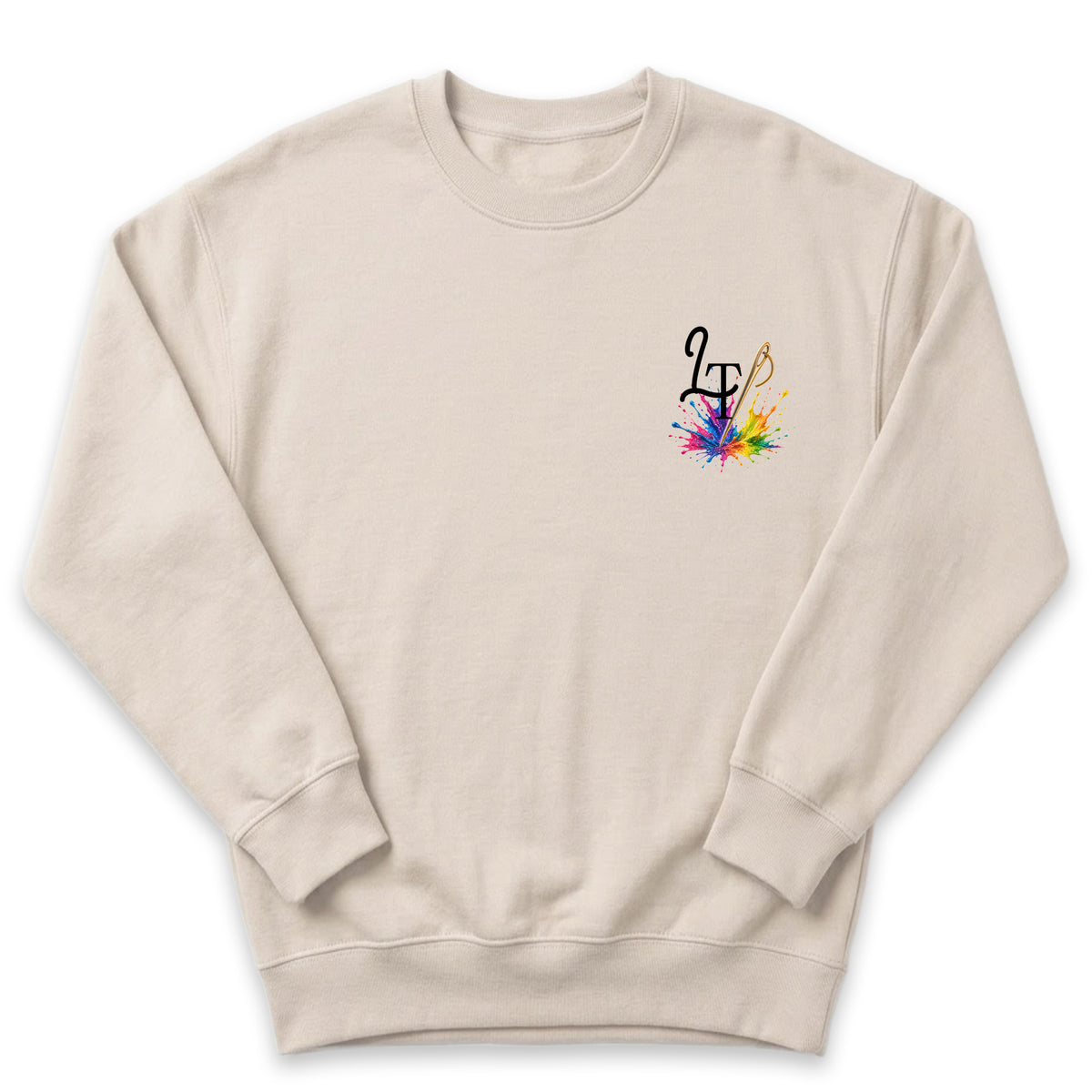 A beige sweatshirt with a colorful graphic design on the left side.