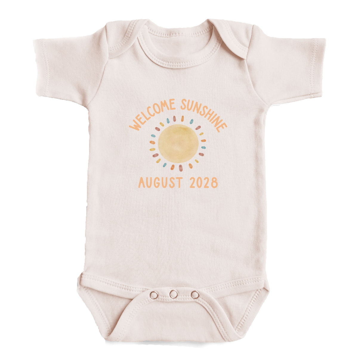 A baby onesie with a sun design and text that reads "Welcome sunshine August 2028".