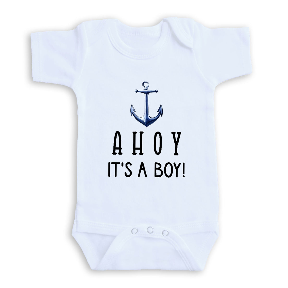 A white baby onesie with a blue anchor and the text "A HOY IT'S A BOY!" printed on it.