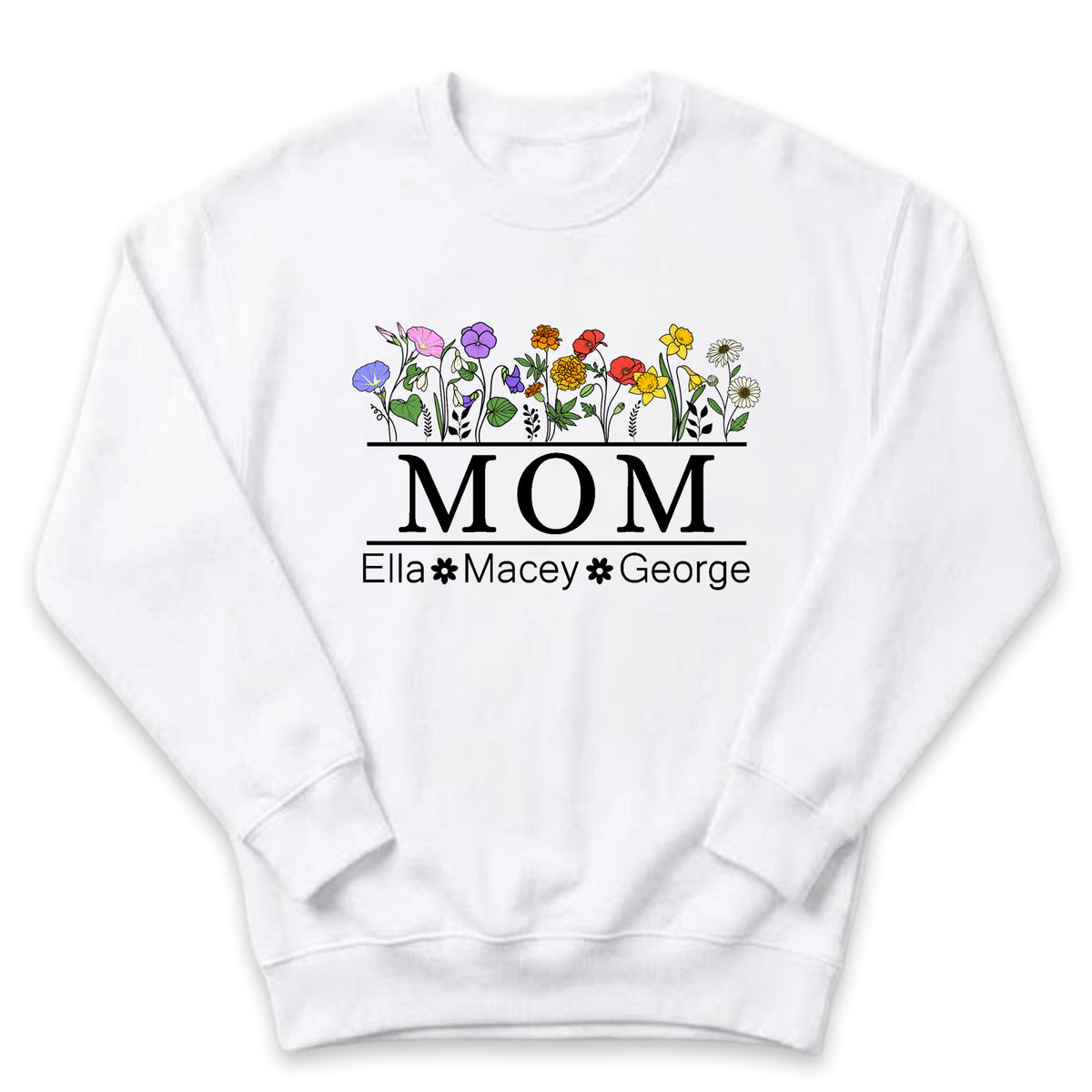 A white sweatshirt with a graphic design featuring colorful flowers and the text "MOM" in the center.