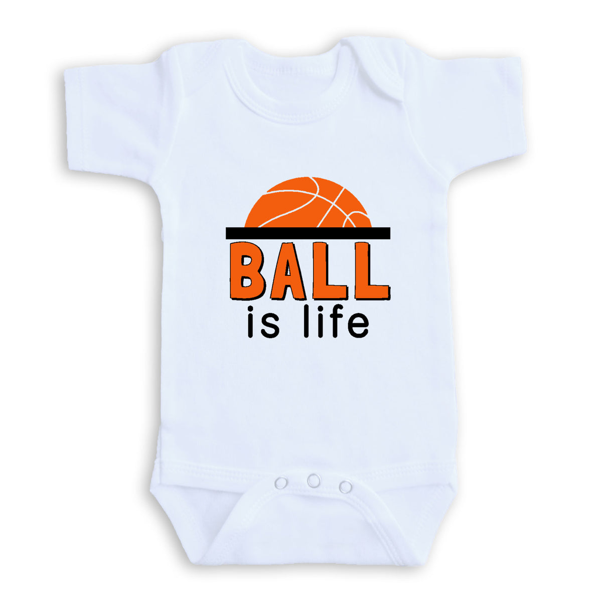 A white baby onesie with the text "BALL is life" printed on it.