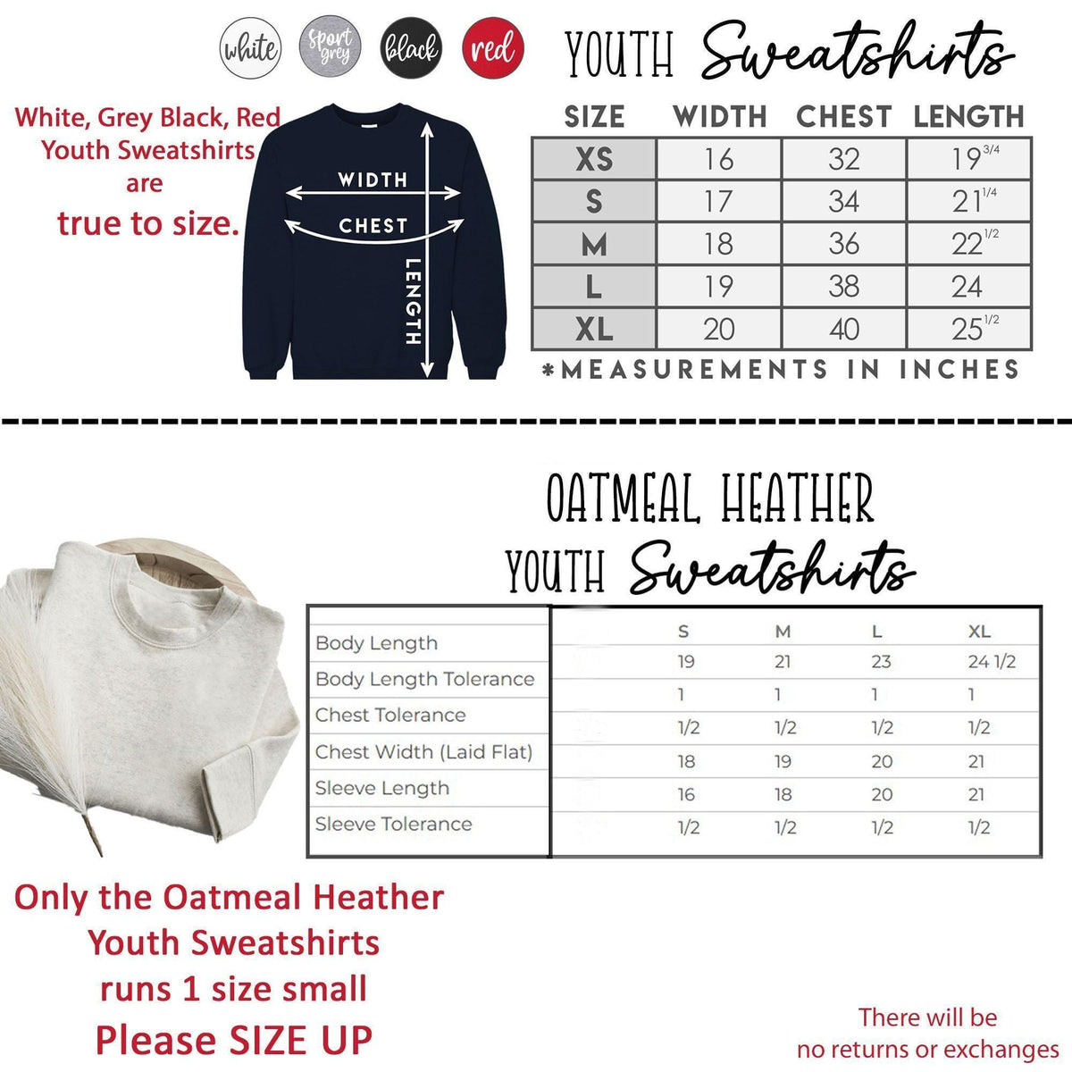 The image is a collage of two images: one showing a white, grey, and red youth sweatshirt, and the other showing a black, grey, and red youth sweatshirt. The collage includes text that provides information about the sizes and measurements of the sweatshirts, as well as a note about the Oatmeal Heather youth sweatshirts running 1 size small.