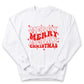 A white sweatshirt with a red and white graphic design that says "MERRY MERRY CHRISTMAS" printed on it.