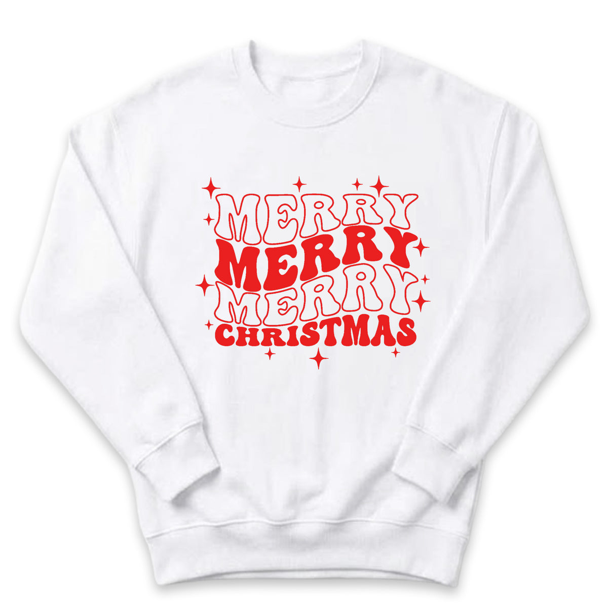 A white sweatshirt with a red and white graphic design that says "MERRY MERRY CHRISTMAS" printed on it.