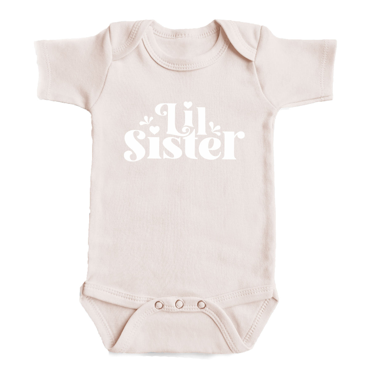 A baby onesie with the text "Little Sister" printed on it.