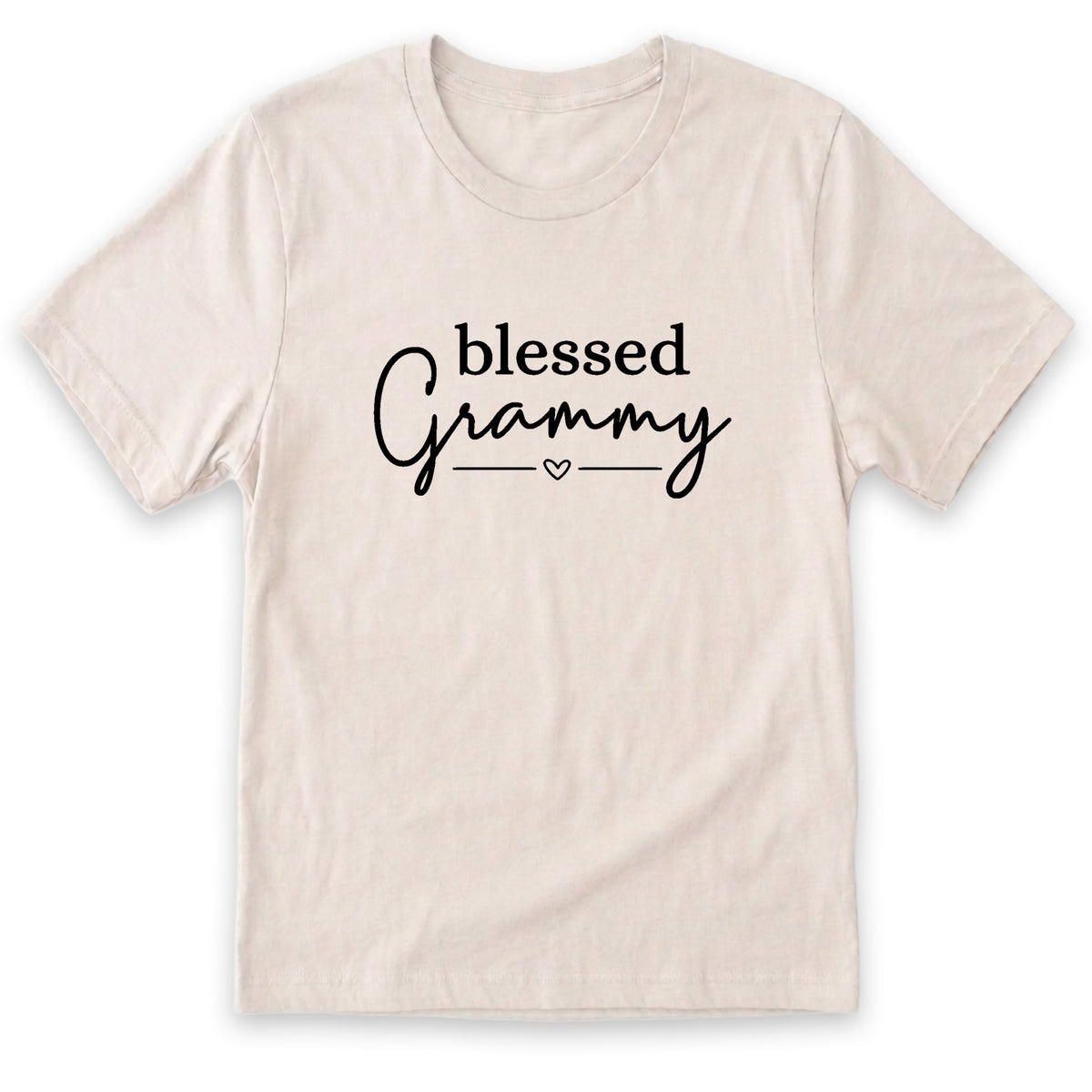 A beige t-shirt with the text "blessed Grammy" printed on it in a casual, handwritten style.