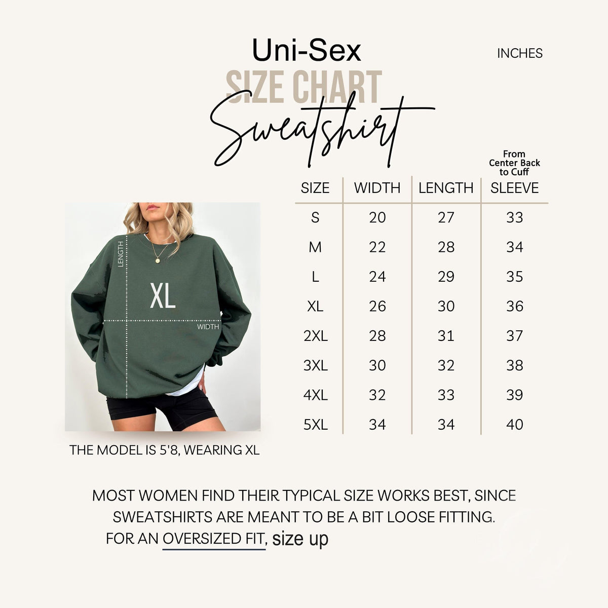 The image is a size chart for a sweatshirt, showing the measurements for different sizes.