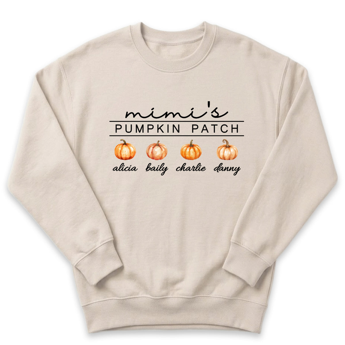 A beige sweatshirt with a graphic design featuring three pumpkins and the text "mini's PUMPKIN PATCH alicia bailey charlie dany".