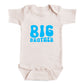 A baby onesie with the text "BIG BROTHER" printed on it in blue letters.