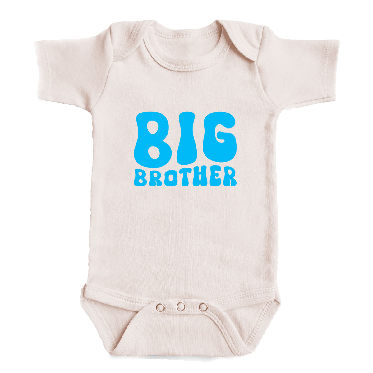A baby onesie with the text "BIG BROTHER" printed on it in blue letters.