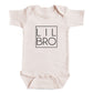 A baby onesie with the text "LIL BRO" printed on it.