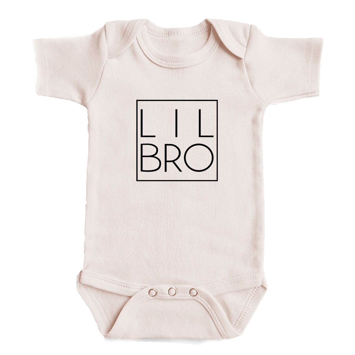 A baby onesie with the text "LIL BRO" printed on it.