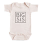 A baby onesie with the text "BIG SIS" printed on it.