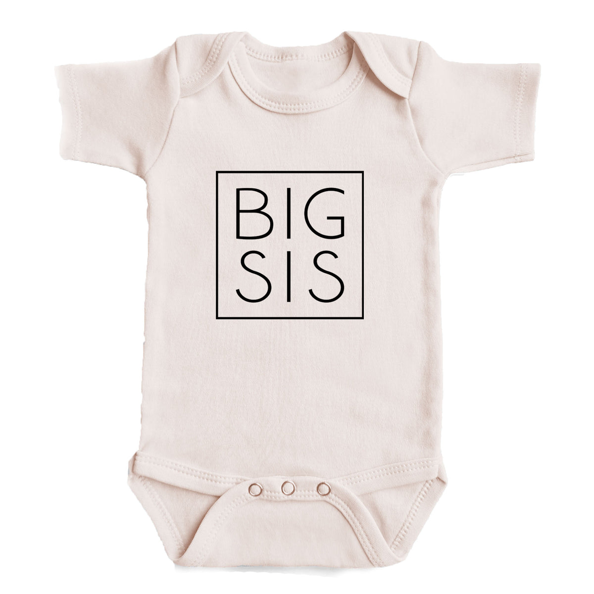 A baby onesie with the text "BIG SIS" printed on it.