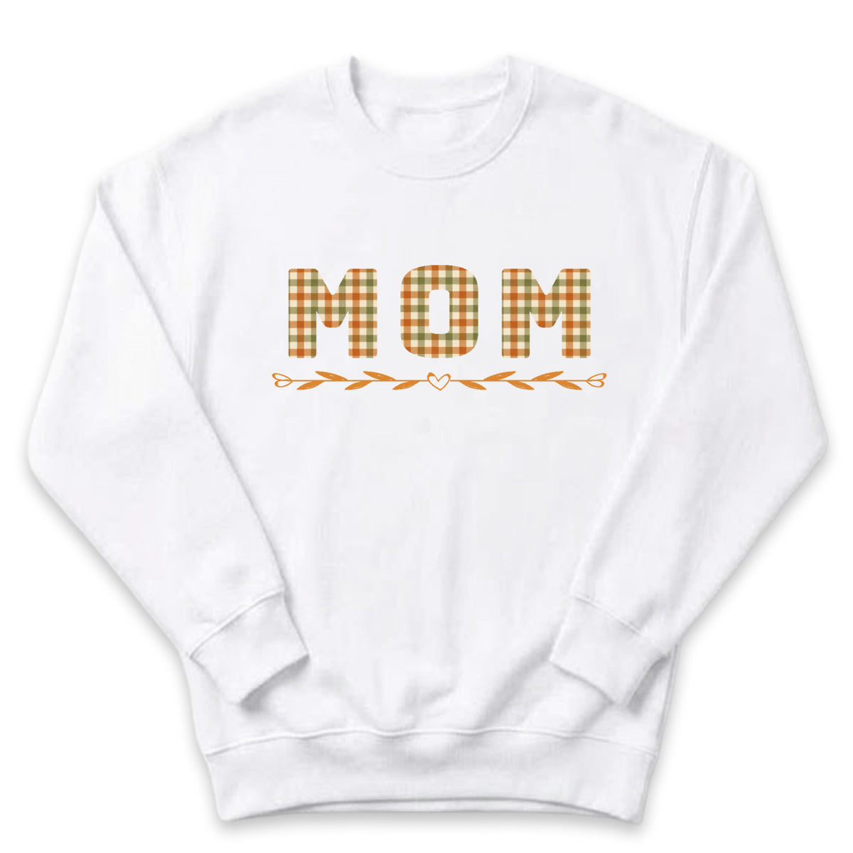 A white sweatshirt with the word "MOM" printed on it in a checkered pattern.
