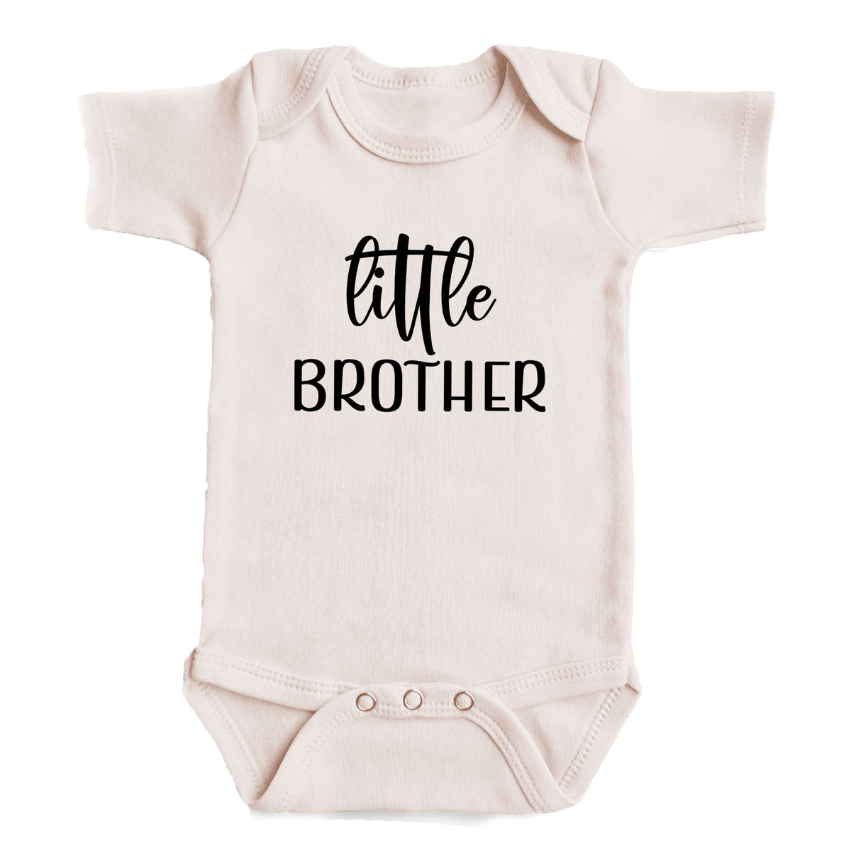 A baby onesie with the text "little BROTHER" printed on it.