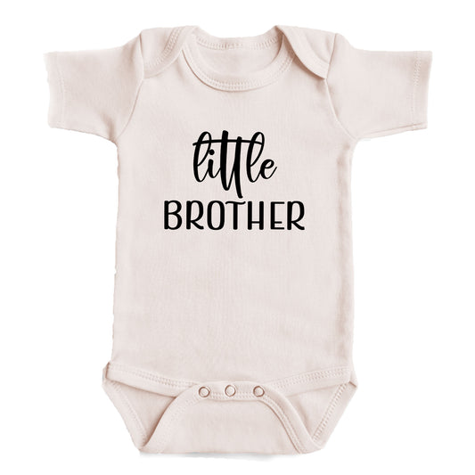 A baby onesie with the text "little BROTHER" printed on it.