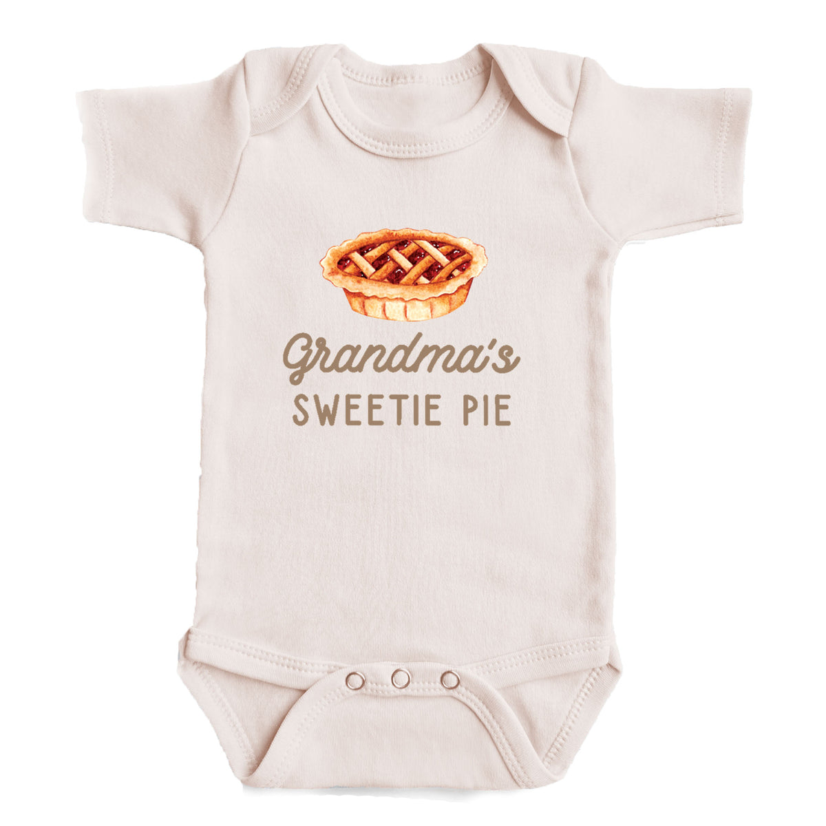 A baby onesie with a printed image of a pie and the text "Grandma's SWEETIE PIE" printed on it.