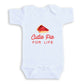 A white baby onesie with a red pie graphic and the text "Cutie Pie FOR LIFE" printed on it.