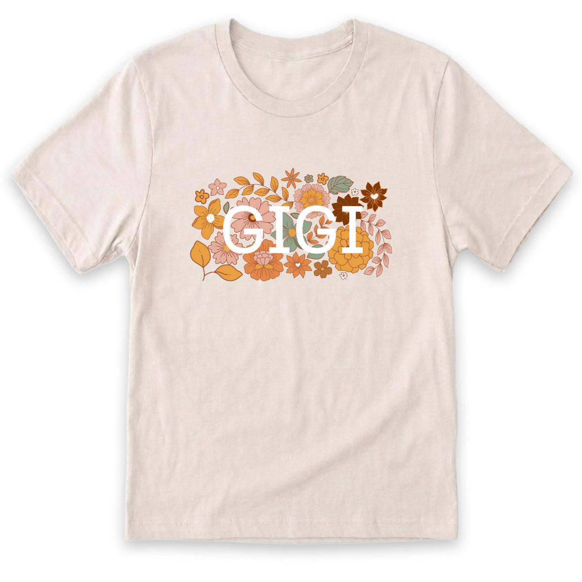 A white t-shirt with a floral design and the word "GIGI" printed on it.