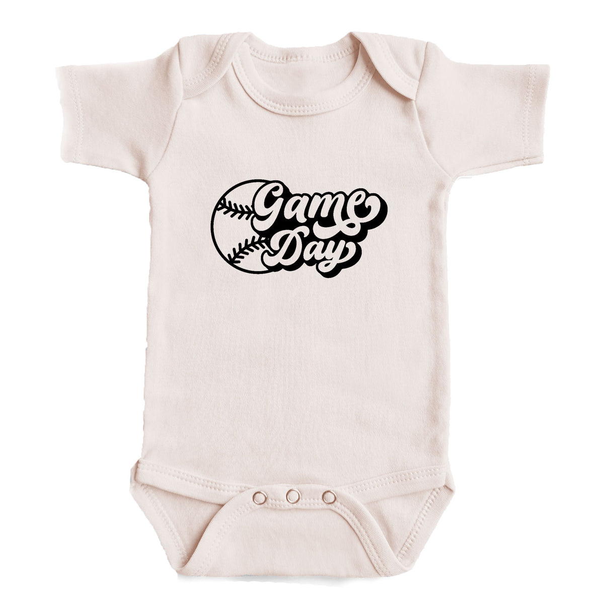 A baby onesie with the text "Game Day" printed on it.