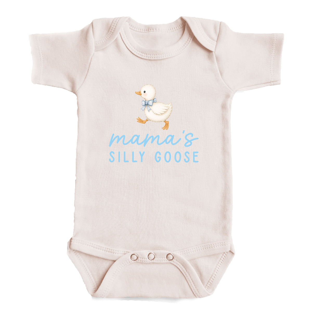 A baby onesie with a cartoon image of a duck and the text "mama's SILLY GOOSE" printed on it.