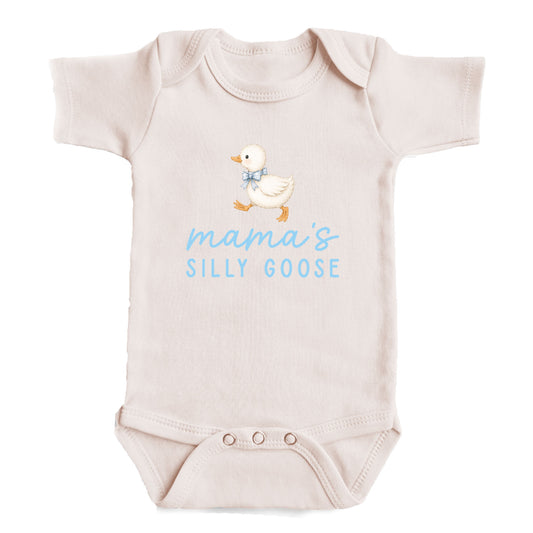 A baby onesie with a cartoon image of a duck and the text "mama's SILLY GOOSE" printed on it.