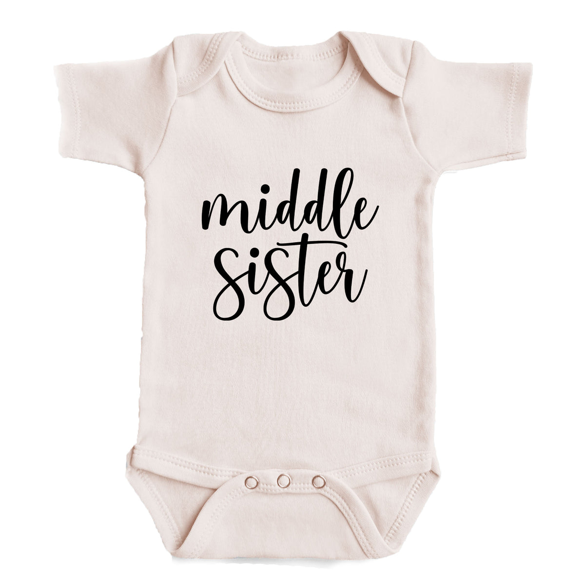 A baby onesie with the text "middle sister" printed on it.