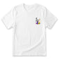 A white t-shirt with a colorful graphic design on the left side.