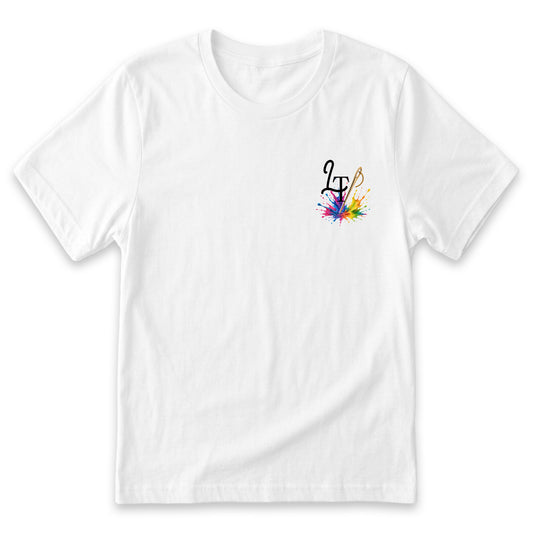 A white t-shirt with a colorful graphic design on the left side.