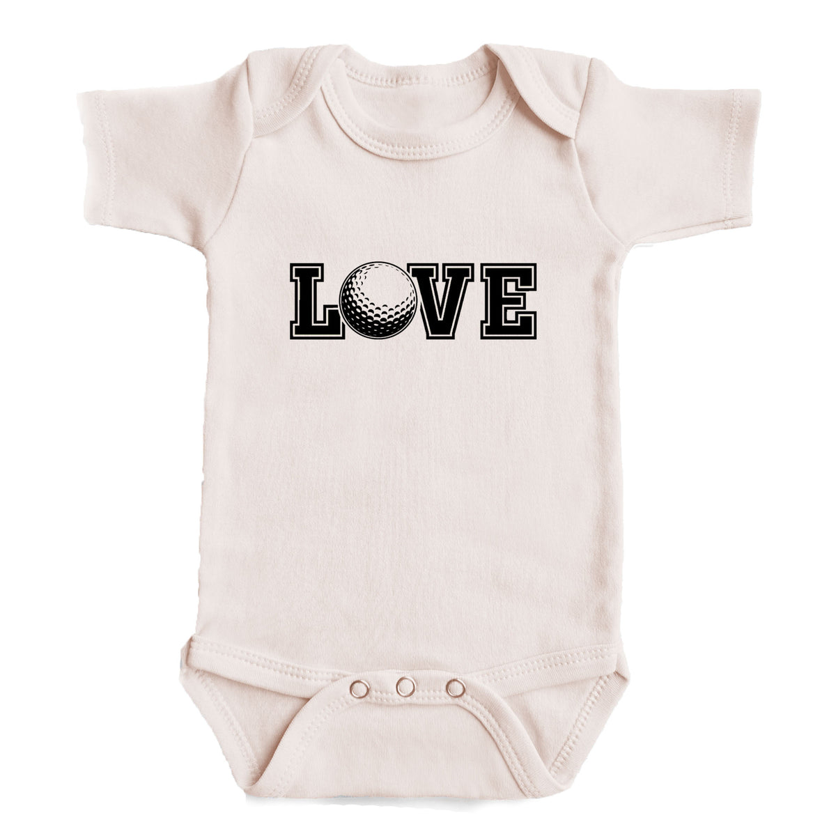 A baby onesie with the word "LOVE" printed on it.