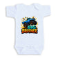 A white baby onesie with a colorful graphic design featuring a blue monster truck and the text "BIG BROTHER" printed on it.