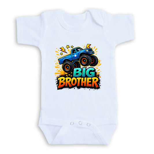 A white baby onesie with a colorful graphic design featuring a blue monster truck and the text "BIG BROTHER" printed on it.