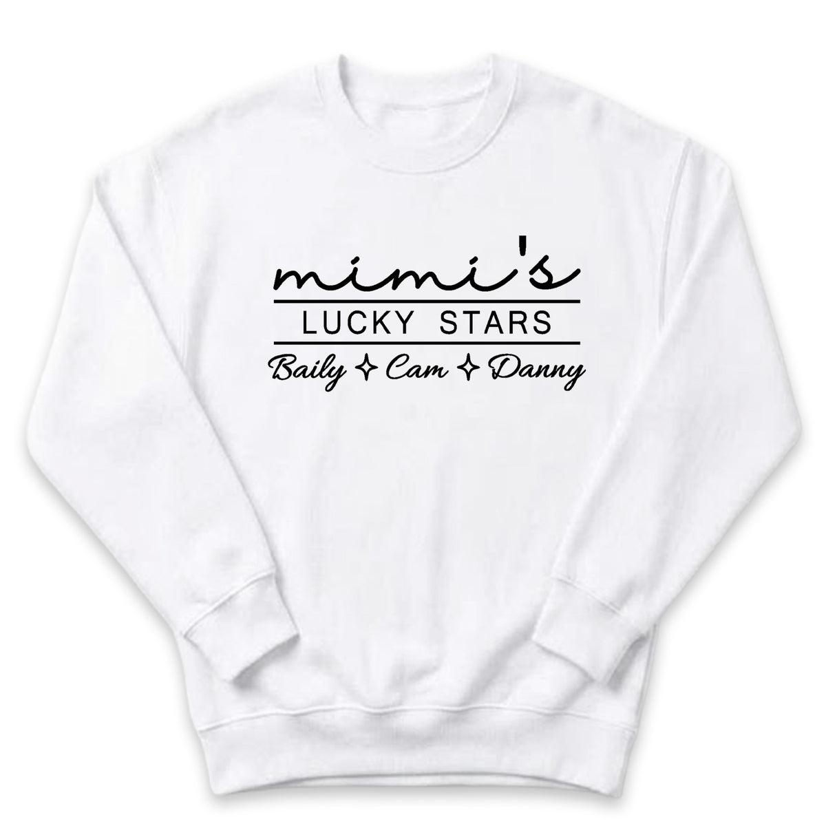 A white sweatshirt with the text "mini's LUCKY STARS" printed on it.