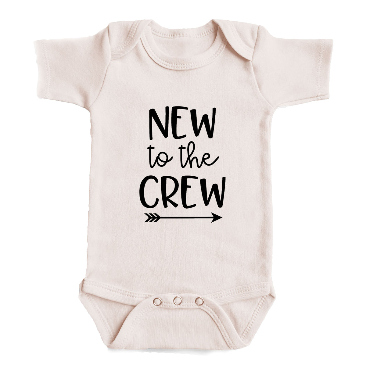 A baby onesie with the text "NEW to the CREW" printed on it.